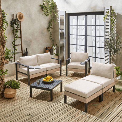 Conjunto de jardim com sofá, mesa e poltrona em alumínio, 5 lugares, Velletri, Antracite, 68x74x76 cm