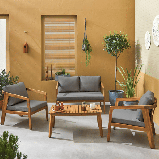 Conjunto de jardim relax de 4 lugares com sofá em madeira de acácia , Loberia, Cinza, 108.5x74.7x64.5 cm