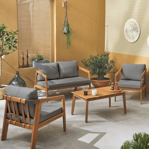 Conjunto de jardim relax de 4 lugares com sofá em madeira de acácia , Loberia, Cinza, 108.5x74.7x64.5 cm