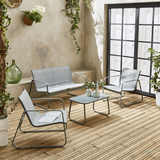 Conjunto de mobiliário de jardim relax com sofá em metal, 4 lugares, Silvi, Cinza Claro, 77x114x76 cm