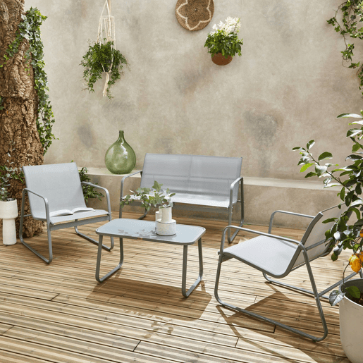 Conjunto de mobiliário de jardim relax com sofá em metal, 4 lugares, Silvi, Cinza Claro, 77x114x76 cm