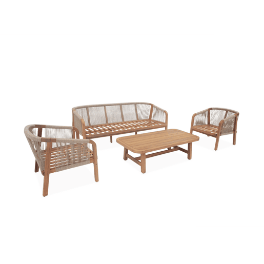 Conjunto de jardim relax com sofá em madeira de acácia, 5 lugares, Parana, Beige, 188x78.5x69.5 cm Conjunto de jardim relax com sofá em madeira de acácia, 5 lugares, Parana, Beige, 188x78.5x69.5 cm