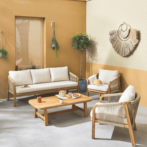 Conjunto de jardim relax com sofá em madeira de acácia, 5 lugares, Parana, Beige, 188x78.5x69.5 cm Conjunto de jardim relax com sofá em madeira de acácia, 5 lugares, Parana, Beige, 188x78.5x69.5 cm