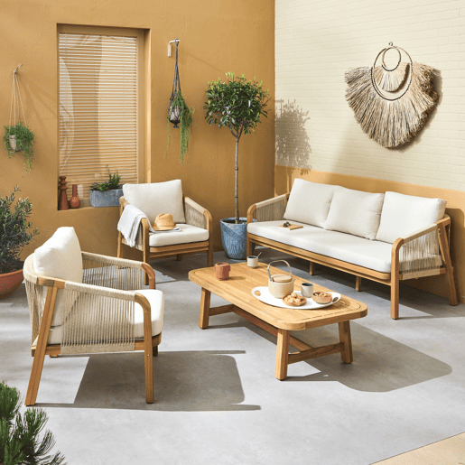 Conjunto de jardim relax com sofá em madeira de acácia, 5 lugares, Parana, Beige, 188x78.5x69.5 cm Conjunto de jardim relax com sofá em madeira de acácia, 5 lugares, Parana, Beige, 188x78.5x69.5 cm