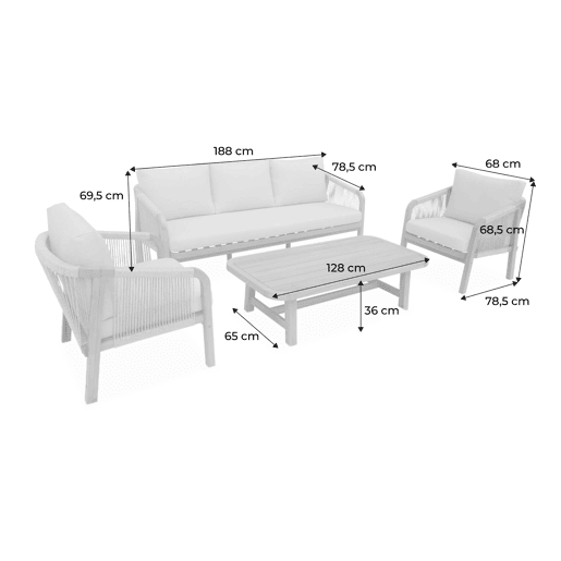 Conjunto de jardim relax com sofá em madeira de acácia, 5 lugares, Parana, Beige, 188x78.5x69.5 cm Conjunto de jardim relax com sofá em madeira de acácia, 5 lugares, Parana, Beige, 188x78.5x69.5 cm