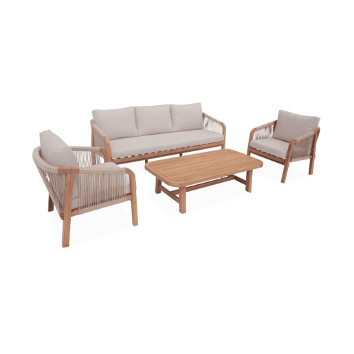 Conjunto de jardim relax com sofá em madeira de acácia, 5 lugares, Parana, Beige, 188x78.5x69.5 cm Conjunto de jardim relax com sofá em madeira de acácia, 5 lugares, Parana, Beige, 188x78.5x69.5 cm
