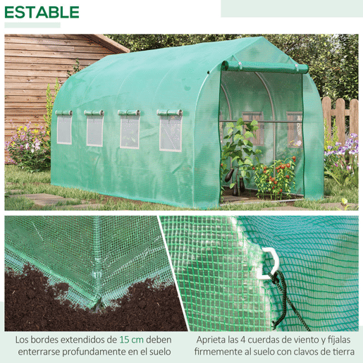 Outsunny Estufa tipo Túnel 4x2x2 m Estufa de Exterior com 8 Janelas de Malha e Porta Estufa de Cultivos para Pátio Jardim Verde