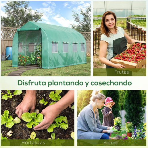 Outsunny Estufa tipo Túnel 4x2x2 m Estufa de Exterior com 8 Janelas de Malha e Porta Estufa de Cultivos para Pátio Jardim Verde