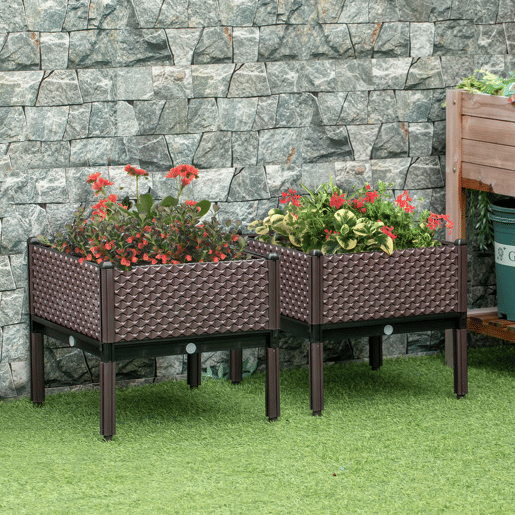 Outsunny Conjunto de 2 Floreiras de Exterior Floreiras Quadradas Elevadas Combinação Livre Floreiras para Jardim Pátio 50x50x46,5 cm Marrom