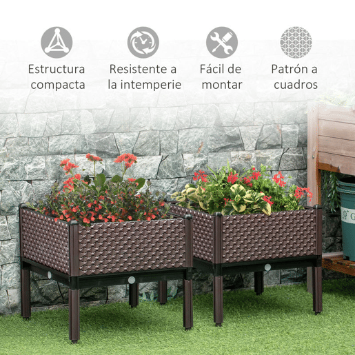 Outsunny Conjunto de 2 Floreiras de Exterior Floreiras Quadradas Elevadas Combinação Livre Floreiras para Jardim Pátio 50x50x46,5 cm Marrom