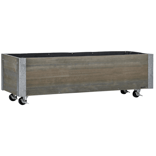Outsunny Floreira Exterior Grande com Rodas Floreira de Madeira com Tecido não Tecido Floreira com Sistema de Drenagem para Cultivo de Flores Plantas em Varanda Pátio 96x30,6x30 cm Madeira Acinzentada