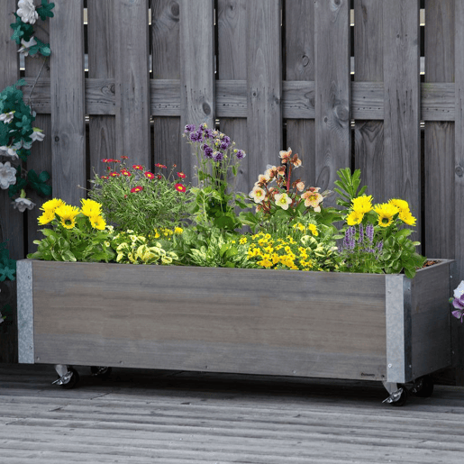 Outsunny Floreira Exterior Grande com Rodas Floreira de Madeira com Tecido não Tecido Floreira com Sistema de Drenagem para Cultivo de Flores Plantas em Varanda Pátio 96x30,6x30 cm Madeira Acinzentada