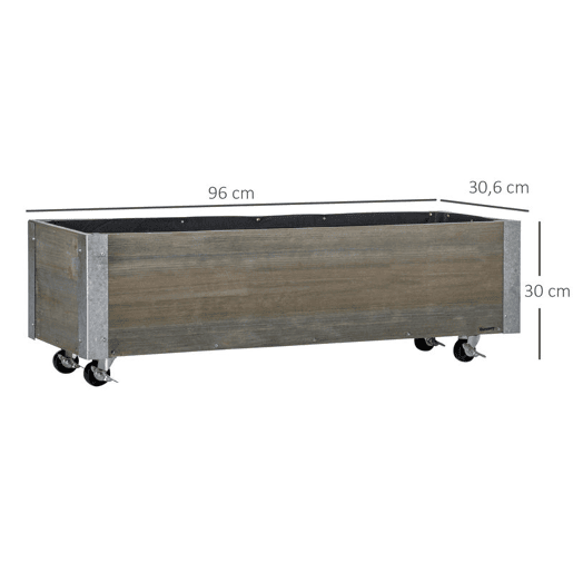 Outsunny Floreira Exterior Grande com Rodas Floreira de Madeira com Tecido não Tecido Floreira com Sistema de Drenagem para Cultivo de Flores Plantas em Varanda Pátio 96x30,6x30 cm Madeira Acinzentada