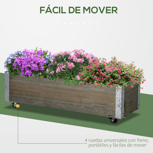 Outsunny Floreira Exterior Grande com Rodas Floreira de Madeira com Tecido não Tecido Floreira com Sistema de Drenagem para Cultivo de Flores Plantas em Varanda Pátio 96x30,6x30 cm Madeira Acinzentada