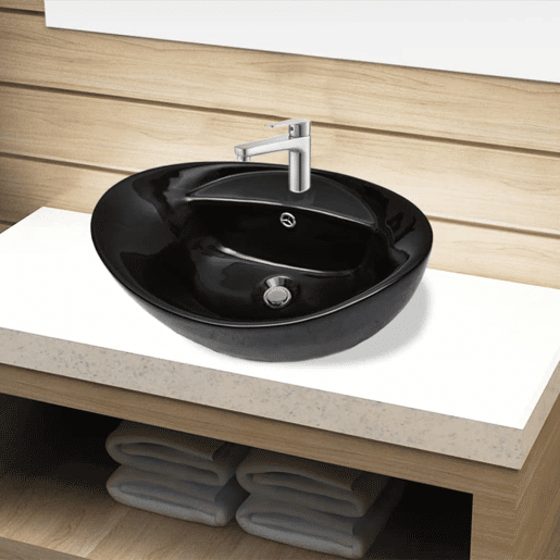 Lavatório - Lavabo - Pia de banheiro cerâmica e torneirafuro transbordo oval preto