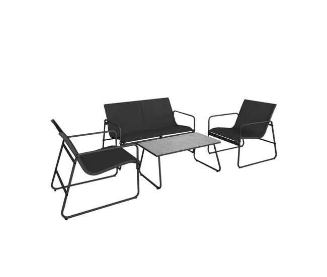 Acomoda textil – conjunto jardín de sofá + 2 sillones + mesa de acero resistente, decorativo y ligero. asiento para exterior en patio, balcón y terraza de fácil instalación. (negro, 4 piezas)