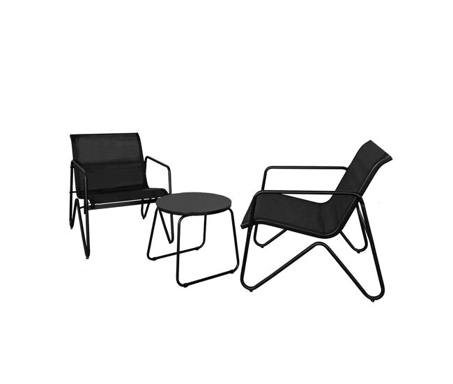 Acomoda textil – conjunto jardín de 2 sillones + mesa de acero resistente, decorativo y ligero. asiento para exterior en patio, balcón y terraza de fácil instalación. (negro, 3 piezas)
