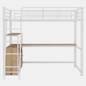 Cama alta 140x200cm - secretária de canto com gavetas - em MDF e metal - Branco