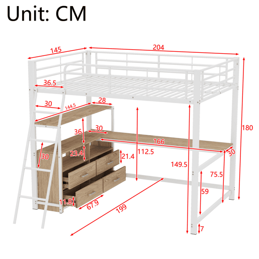Cama alta 140x200cm - secretária de canto com gavetas - em MDF e metal - Branco