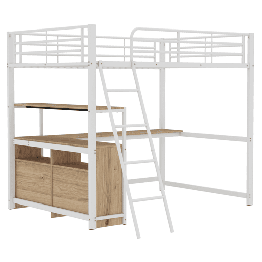 Cama alta 140x200cm - secretária de canto com gavetas - em MDF e metal - Branco