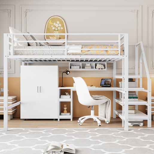 Cama alta metálica 140x200 cm - com secretária, roupeiro e escada de arrumação - Branco
