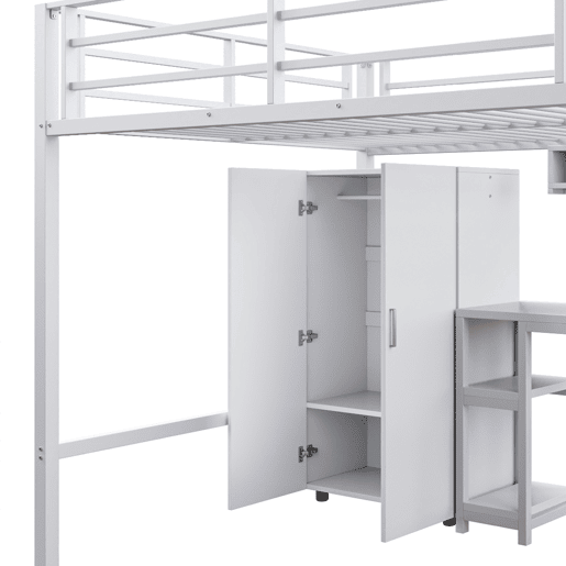 Cama alta metálica 140x200 cm - com secretária, roupeiro e escada de arrumação - Branco