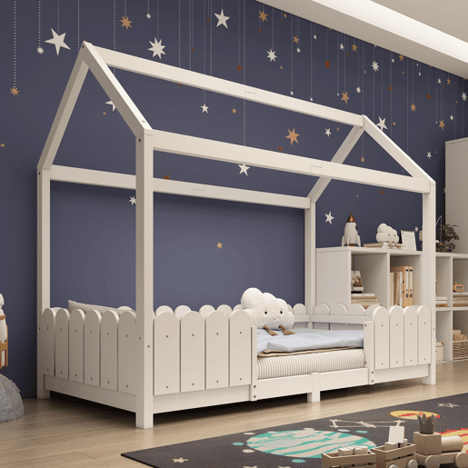 Cama de cabina 90x200cm madeira maciça - com proteção anti-queda - Branco