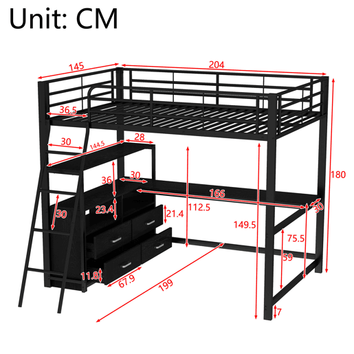 Cama alta 140x200cm - secretária de canto com gavetas - em MDF e metal - Preto