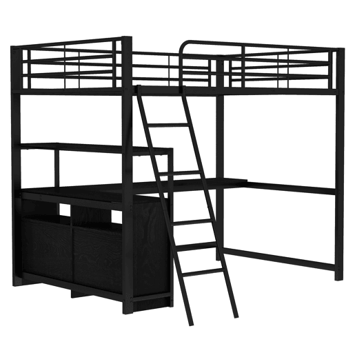 Cama alta 140x200cm - secretária de canto com gavetas - em MDF e metal - Preto