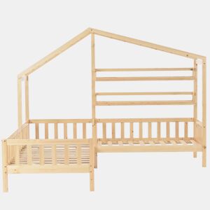 Cama de cabina 90x200cm + 140x70cm em madeira maciça - com gavetas e prateleiras + estrado - Natural