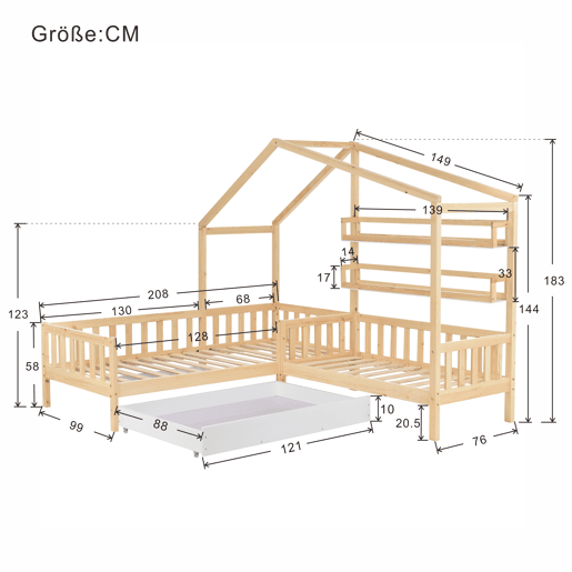 Cama de cabina 90x200cm + 140x70cm em madeira maciça - com gavetas e prateleiras + estrado - Natural