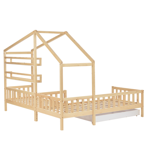 Cama de cabina 90x200cm + 140x70cm em madeira maciça - com gavetas e prateleiras + estrado - Natural