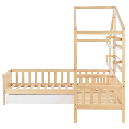 Cama de cabina 90x200cm + 140x70cm em madeira maciça - com gavetas e prateleiras + estrado - Natural