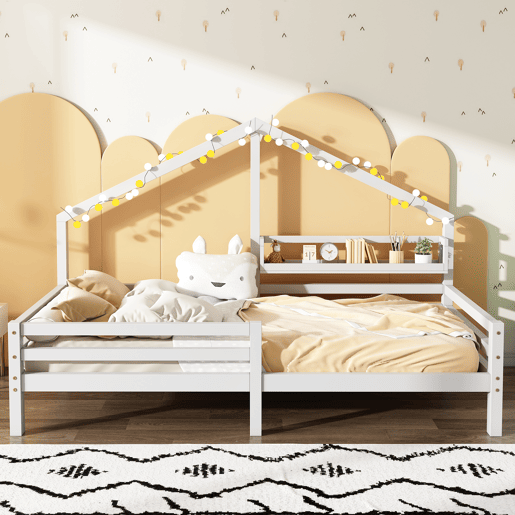 Cabine-cama 90x200cm em madeira maciça - com prateleiras - Branco