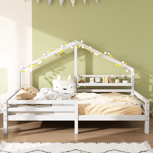 Cabine-cama 90x200cm em madeira maciça - com prateleiras - Branco