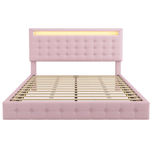 Cama para adultos 140x200cm - com LED e controlo remoto - em imitação de pele - Rosa