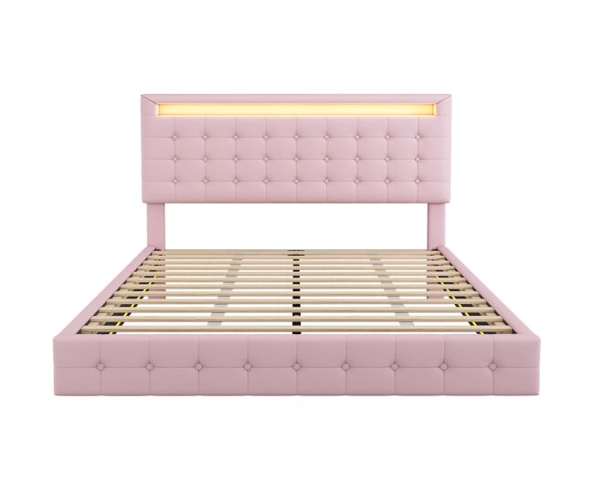 Cama para adultos 140x200cm - con led y mando a distancia - en símil piel - rosa