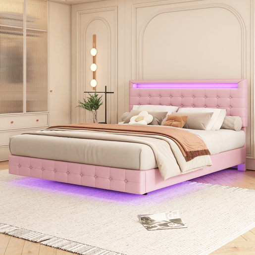 Cama para adultos 140x200cm - com LED e controlo remoto - em imitação de pele - Rosa