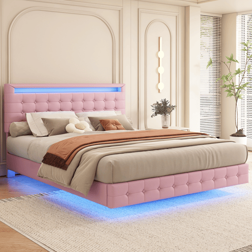 Cama para adultos 140x200cm - com LED e controlo remoto - em imitação de pele - Rosa