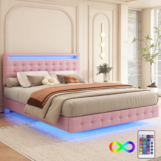 Cama para adultos 140x200cm - com LED e controlo remoto - em imitação de pele - Rosa