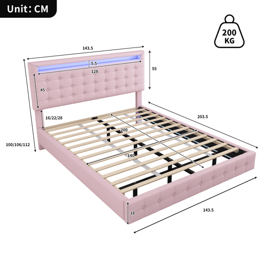Cama para adultos 140x200cm - com LED e controlo remoto - em imitação de pele - Rosa