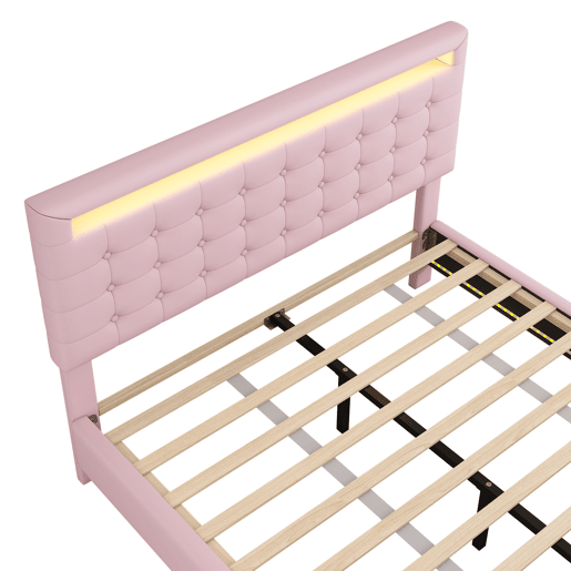 Cama para adultos 140x200cm - com LED e controlo remoto - em imitação de pele - Rosa