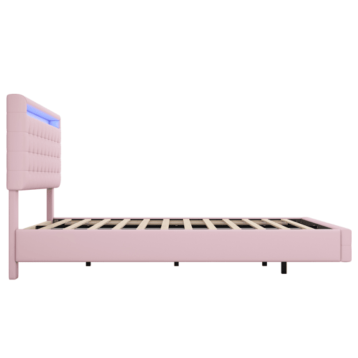 Cama para adultos 140x200cm - com LED e controlo remoto - em imitação de pele - Rosa
