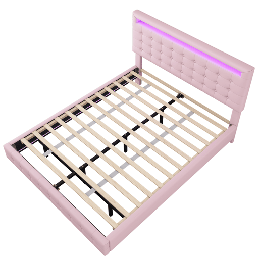 Cama para adultos 140x200cm - com LED e controlo remoto - em imitação de pele - Rosa