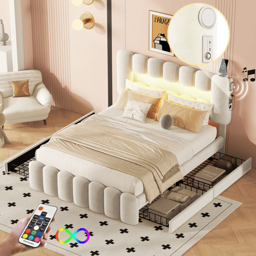 Cama estofada em veludo - 140x200cm - 4 gavetas + LED + Portas de carregamento + Leitor - Bege