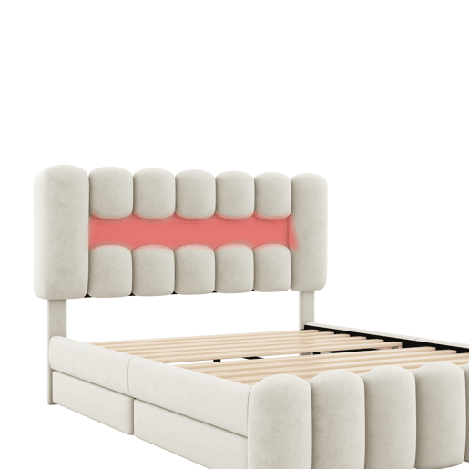 Cama estofada em veludo - 140x200cm - 4 gavetas + LED + Portas de carregamento + Leitor - Bege