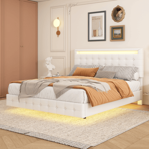 Cama para adultos 140x200cm - com LED e controlo remoto - em imitação de pele - Branco