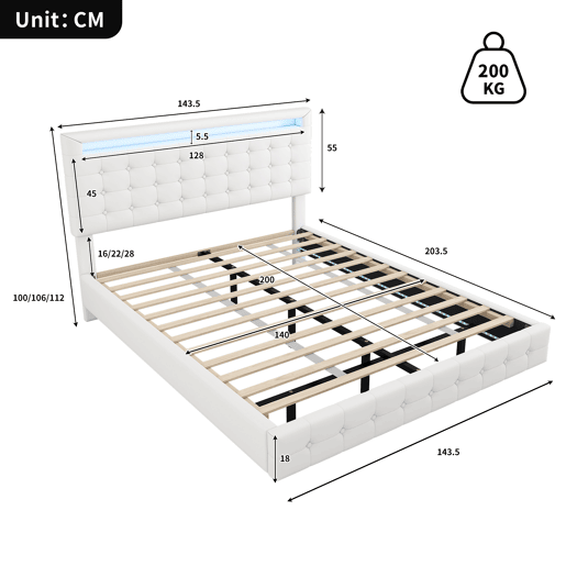 Cama para adultos 140x200cm - com LED e controlo remoto - em imitação de pele - Branco