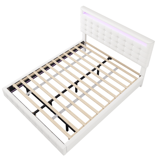 Cama para adultos 140x200cm - com LED e controlo remoto - em imitação de pele - Branco