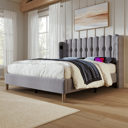 Cama estofada em linho 160x200 cm - com portas de carga e estrado - Cinzento